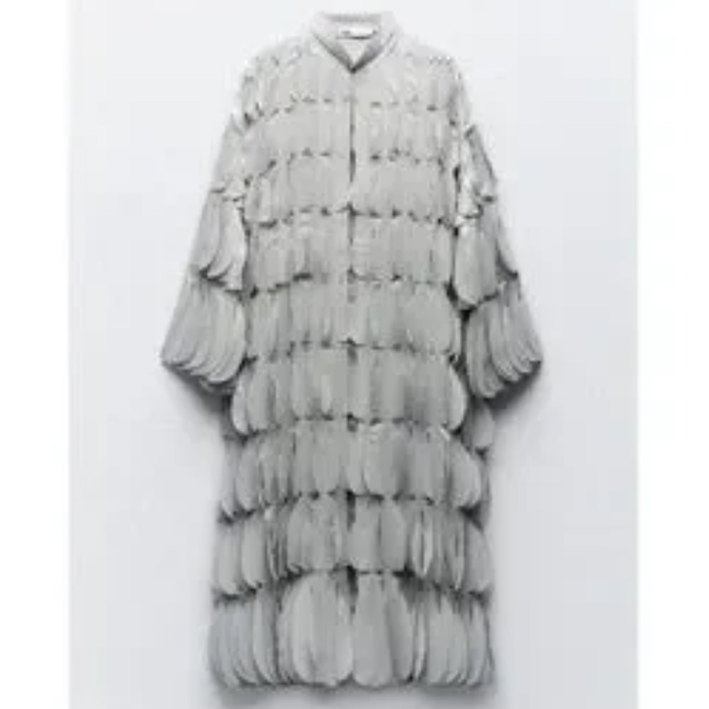 Zara Light Gray Layered Petal-Detail Long Coat - Picture 6 of 14